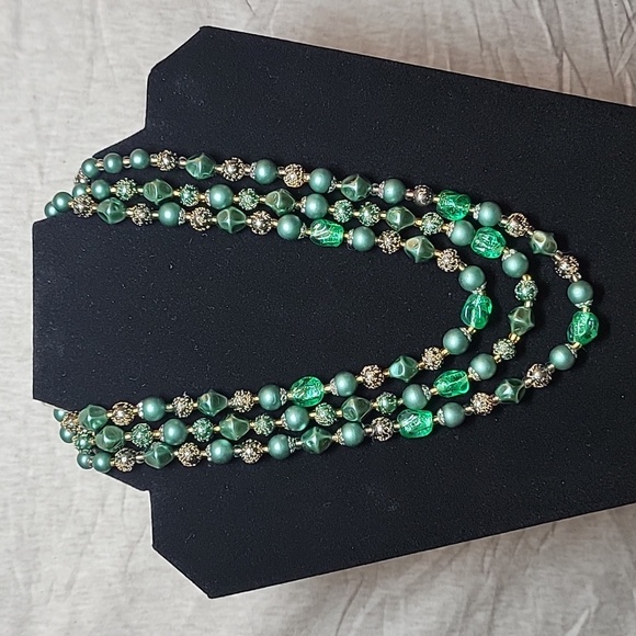 Vintage Green Upcycled Triple Layer Necklace with Original Slide Clasp - Picture 1 of 5
